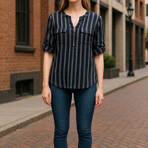 ELLEN TRACY Women's Navy Stripe Blouse MEDIUM NEW